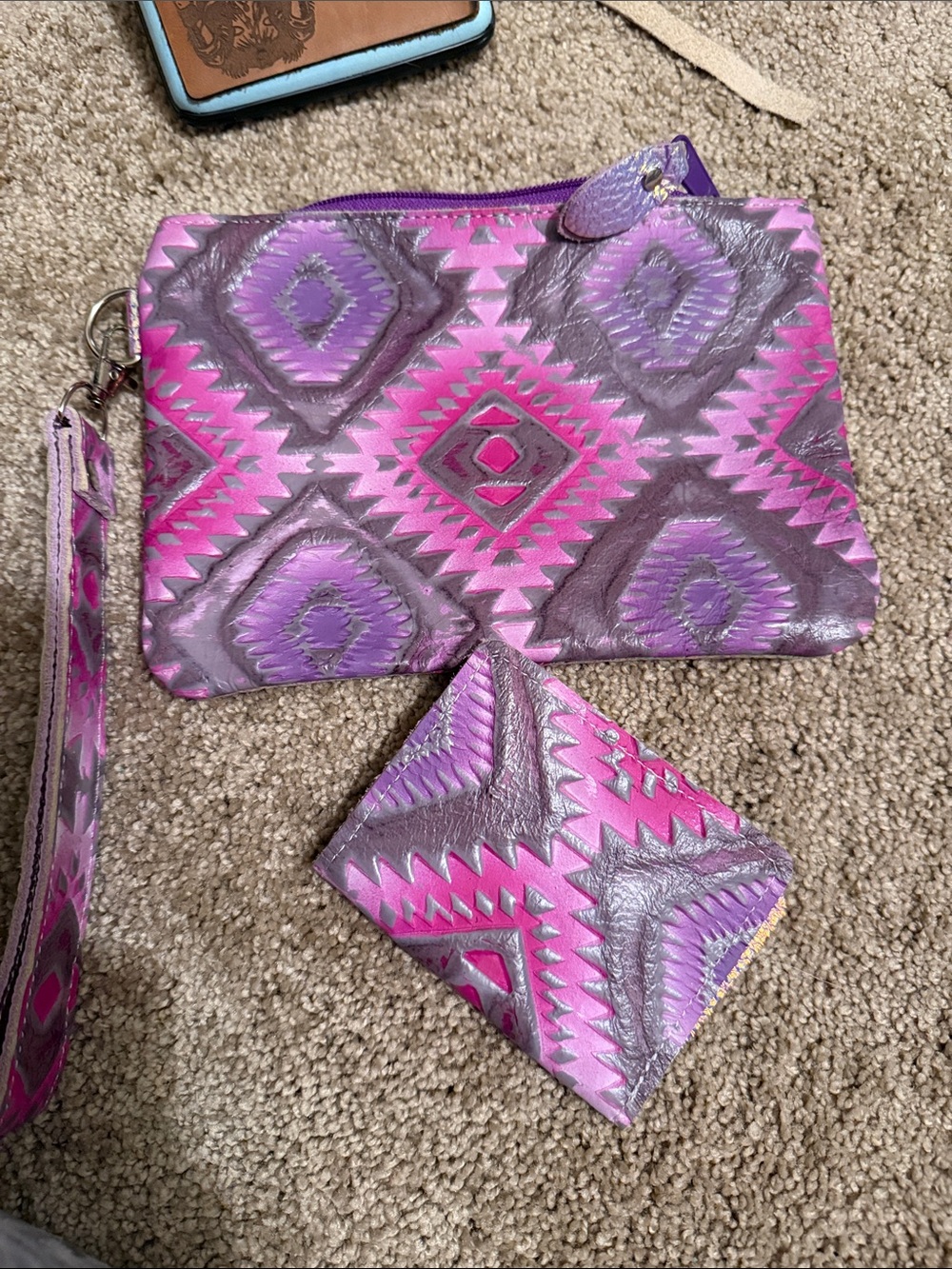 Purple & Pink Aztec leather Wristlet and Card Case Set